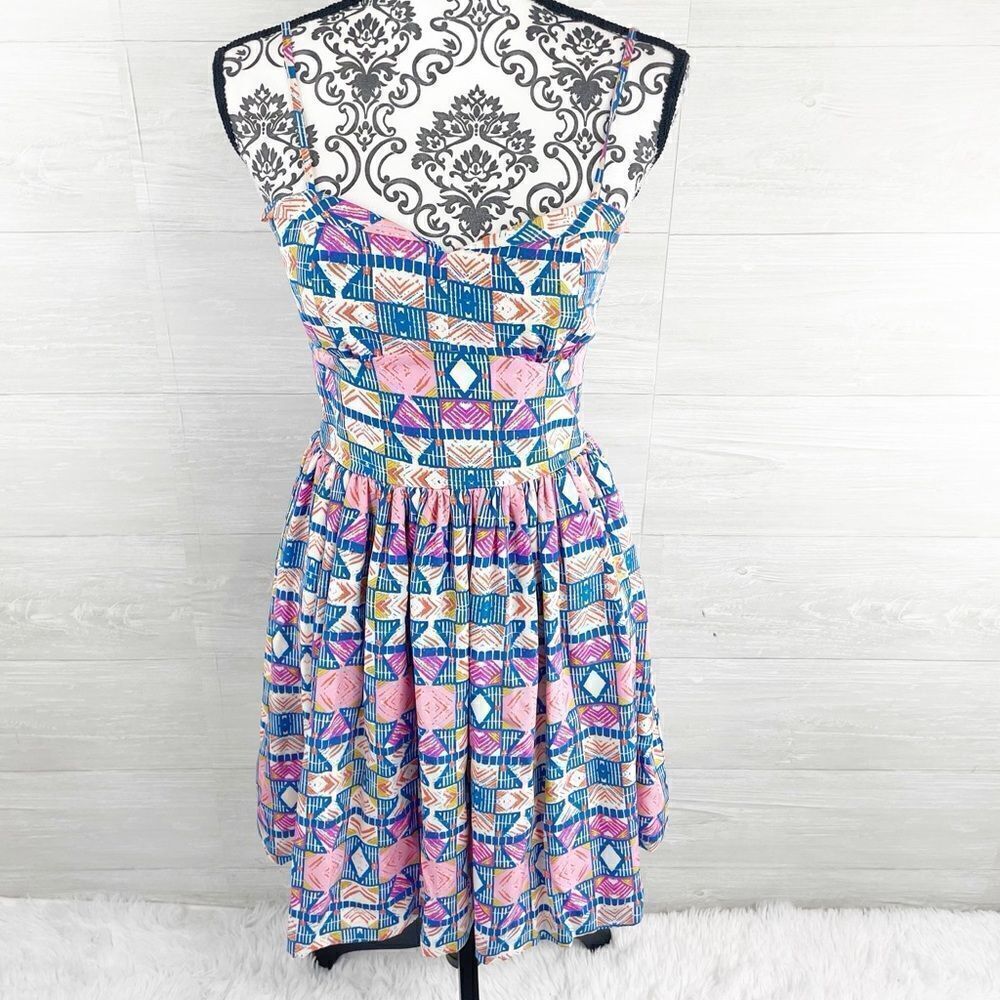 Amanda Uprichard Pastel Geometric Print Fit & Flare Silk Dress